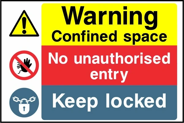 Warning — Confined space — No unauthorised entry — Keep locked. Stacked message panels. Artwork MULT0019.