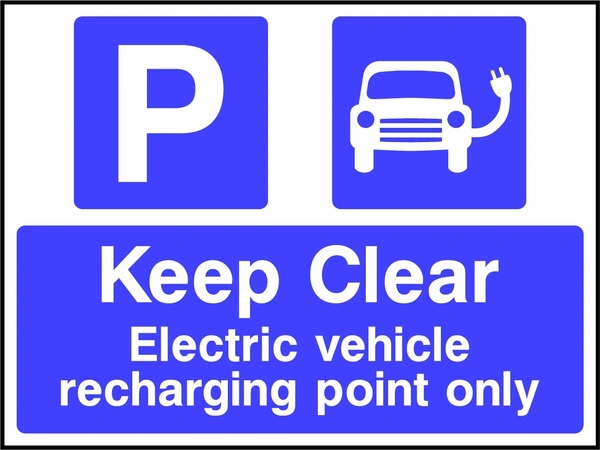 Keep Clear — Electric vehicle recharging point only sign. blue electric vehicle pictograms and wording. Supplied artwork PARK0073.