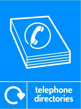 Telephone directories recycling sign showing white recycling arrow and material illustration and wording on a blue portrait panel. Artwork PAPE0046.