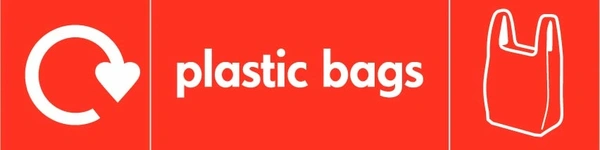 Plastic bags recycling sign showing white recycling arrow and plastic illustration and wording on a red letterbox panel. Artwork PLAS0012.