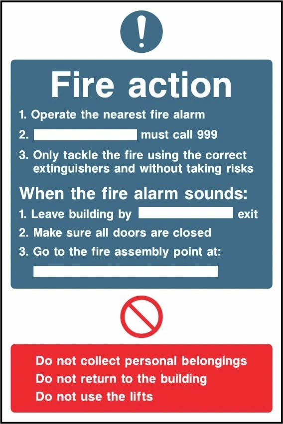 Fire Action printed notice with the original action instructions and layout. Artwork FACT0026.