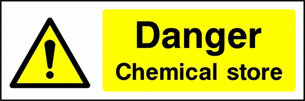 Danger — Chemical store sign with yellow triangular exclamation mark pictogram beside wording. Artwork CHEM0023.