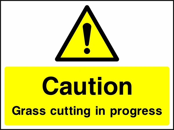 A black exclamation mark inside a yellow warning triangle above black wording on a yellow panel with Caution — Grass cutting in progress wording. CONS0099 artwork.