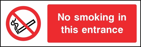 No smoking in this entrance sign. red cigarette or naked-flame prohibition pictogram beside a red wording panel. Artwork SMOK0013.