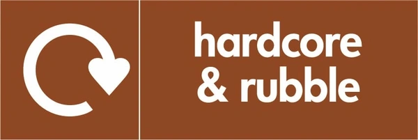 Hardcore & rubble recycling sign showing recycling arrow with white wording on brown. Artwork BUIL0002.