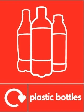 Plastic bottles recycling sign showing white recycling arrow and plastic illustration and wording on a red portrait panel. Artwork PLAS0027.