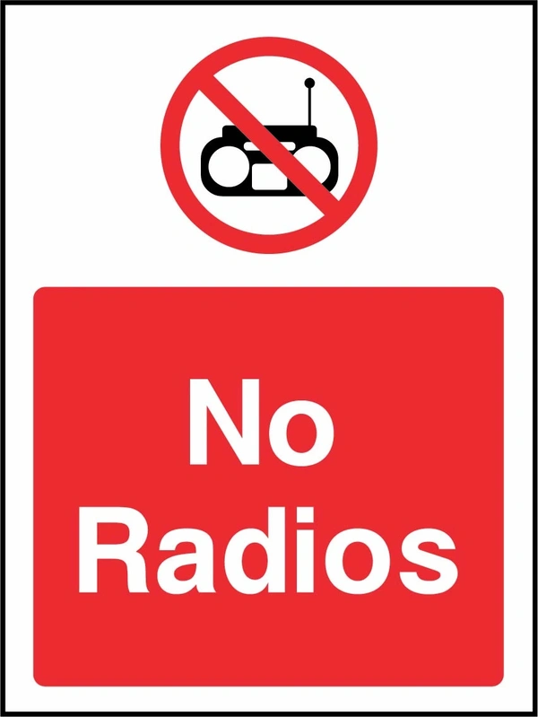 No radios sign showing red radio prohibition symbol above wording. Artwork GENE0117.
