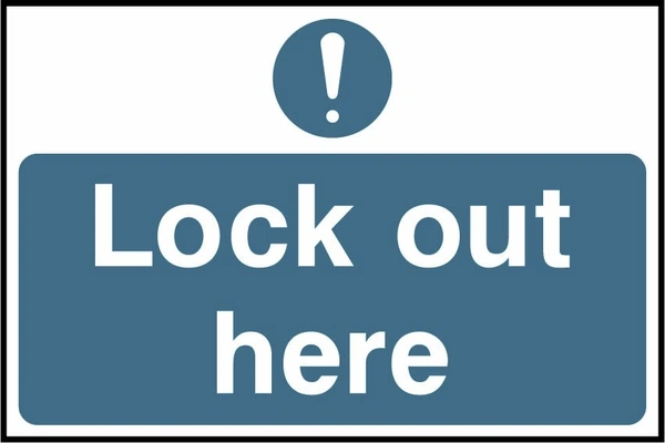 Lock out here. a blue instruction panel and mandatory symbol. Artwork LOCK0007.