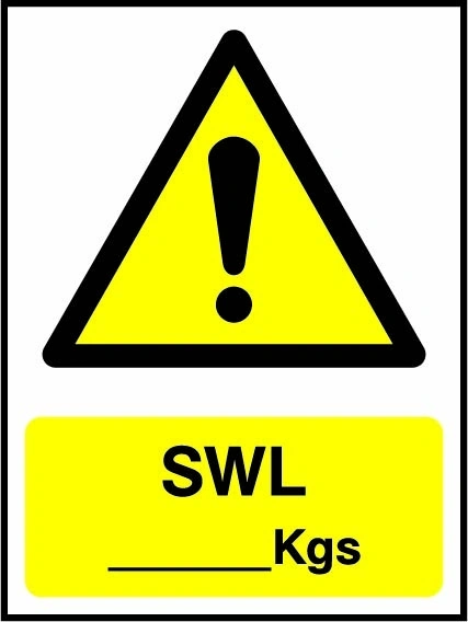 SWL — Kgs sign showing yellow warning triangle above blank kilogram load panel. Artwork LIFT0007.