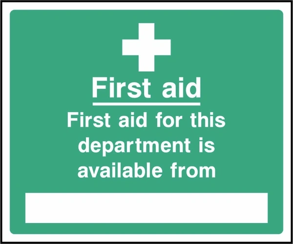 First aid — First aid for this department is available from sign showing blank contact panel below white cross. Artwork FAID0039.