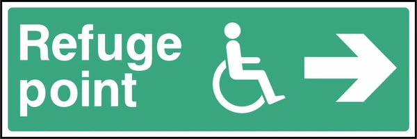 Refuge point sign showing right arrow and wheelchair symbol. Artwork EMER0072.