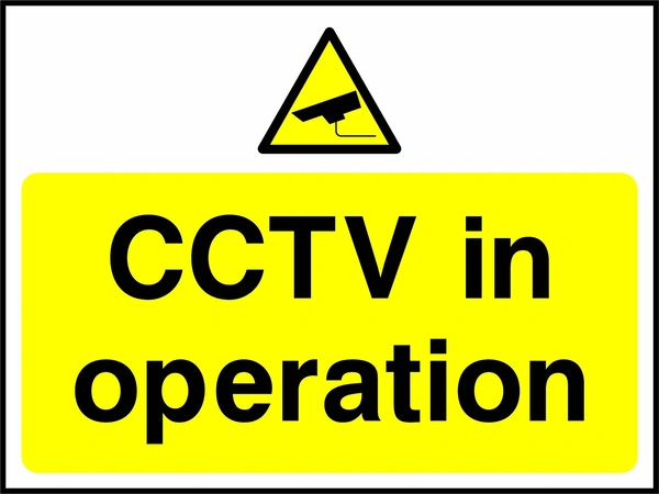 CCTV in operation sign. yellow pictogram and text panel. Artwork SECU0049.
