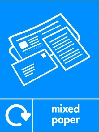 Mixed paper recycling sign showing white recycling arrow and material illustration and wording on a blue portrait panel. Artwork PAPE0043.