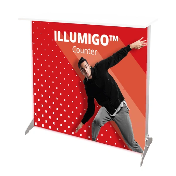 Illuminated exhibition counter with printed fabric graphic