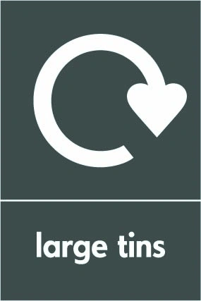 Large tins recycling sign showing white recycling arrow and wording on a dark grey portrait panel. Artwork META0039.