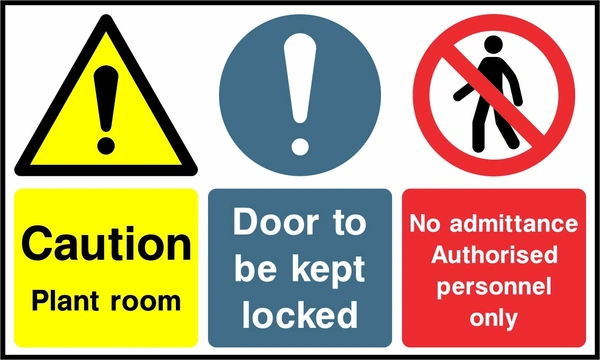 Caution — Plant room — Door to be kept locked — No admittance authorised personnel only. Side-by-side panels. Artwork MULT0046.