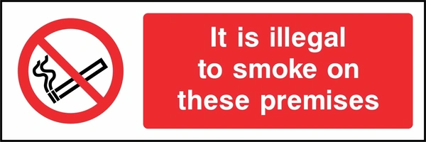 It is illegal to smoke on these premises sign. red cigarette or naked-flame prohibition pictogram beside a red wording panel. Artwork SMOK0032.