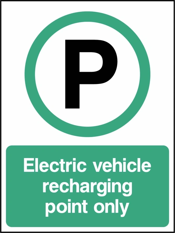 Electric vehicle recharging point only sign. green-and-white electric vehicle parking pictogram and wording. Supplied artwork PARK0091.