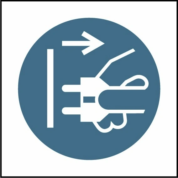 Disconnect mains plug pictogram sign showing white hand disconnecting plug pictogram in blue circle. Artwork MACH0058.