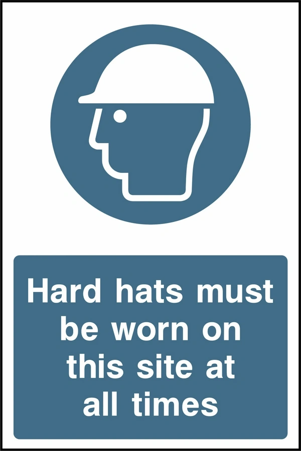 Blue and white mandatory sign with a safety helmet pictogram and Hard hats must be worn on this site at all times wording. CONS0037 artwork.