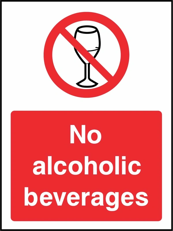 No alcoholic beverages sign showing red wine glass prohibition symbol above wording. Artwork GENE0123.