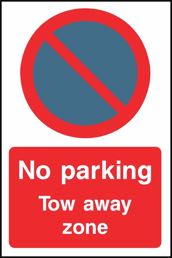 No parking — Tow away zone sign. red-and-blue no-parking pictogram and wording. Supplied artwork PARK0072.