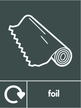 Foil recycling sign showing white recycling arrow, material illustration and wording on a dark grey portrait panel. Artwork META0059.