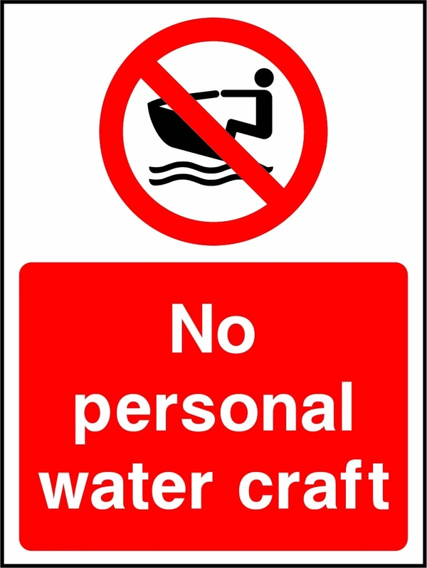 No personal water craft sign showing a red prohibition pictogram above the printed instruction. Artwork WATE0009.