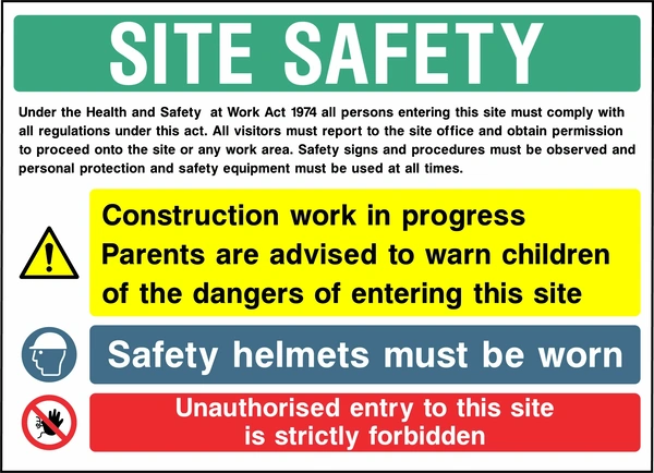 Collated site safety board with construction work warning for parents, mandatory safety helmets and unauthorised entry prohibition. CONS0018 artwork.
