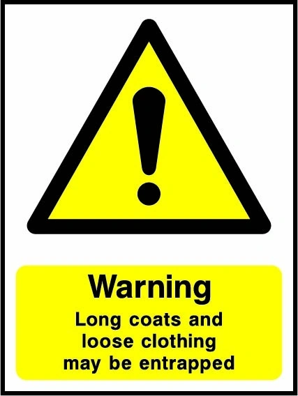 Warning — Long coats and loose clothing may be entrapped sign showing yellow exclamation warning triangle above wording. Artwork LIFT0014.
