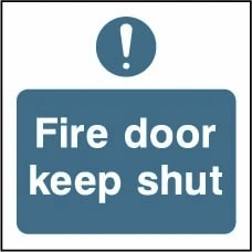 Fire door keep shut sign showing blue exclamation pictogram above wording. Artwork FPRV0023.