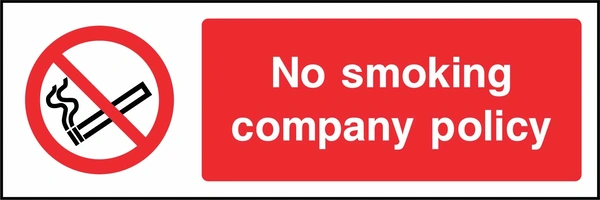 No smoking company policy sign. red cigarette or naked-flame prohibition pictogram beside a red wording panel. Artwork SMOK0009.