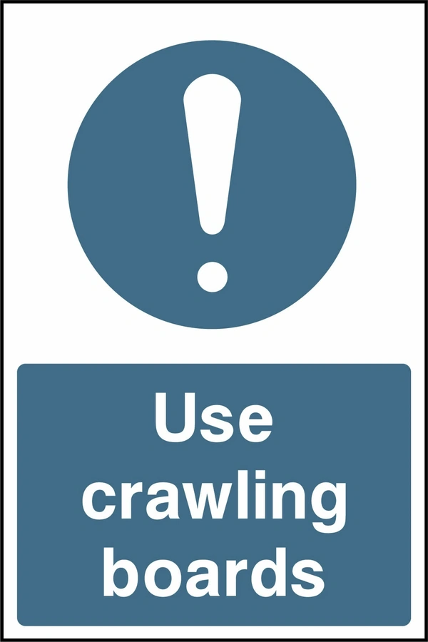 Blue and white mandatory sign with an exclamation mark symbol and Use crawling boards wording. CONS0036 artwork.