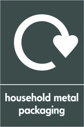 Household metal packaging recycling sign showing white recycling arrow and wording on a dark grey portrait panel. Artwork META0038.