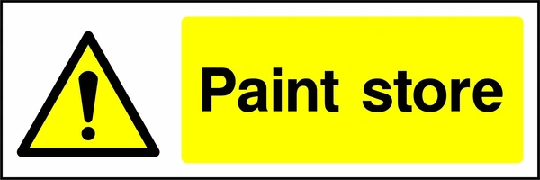 Paint store sign with yellow triangular exclamation mark pictogram beside wording. Artwork CHEM0035.