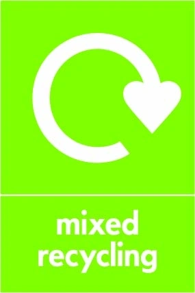 Mixed recycling recycling sign showing white recycling arrow and wording on a lime green portrait panel. Artwork MIXE0002.