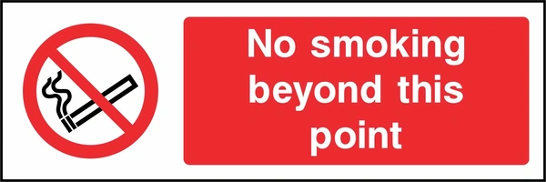 No smoking beyond this point sign. red cigarette or naked-flame prohibition pictogram beside a red wording panel. Artwork SMOK0004.