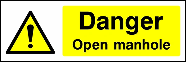 Yellow and black sign with an exclamation mark warning symbol and Danger — Open manhole wording. CONS0049 artwork.