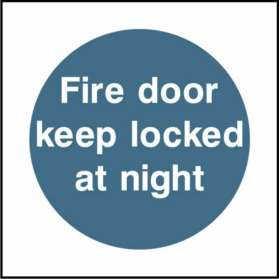 Fire door keep locked at night sign showing blue circular mandatory wording. Artwork FPRV0010.