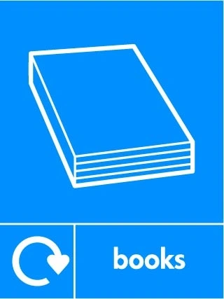 Books recycling sign showing white recycling arrow and material illustration and wording on a blue portrait panel. Artwork PAPE0040.