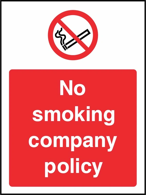 No smoking company policy sign. red prohibition pictogram above a red wording panel. Artwork SMOK0057.