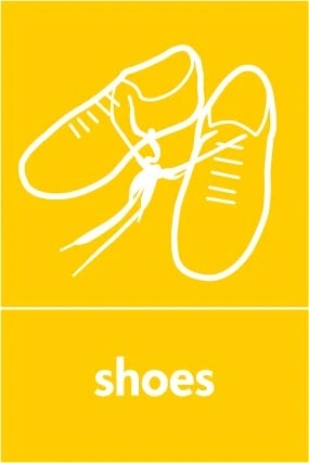 Shoes recycling sign showing white textile illustration and wording on a yellow portrait panel. Artwork TEXT0019.