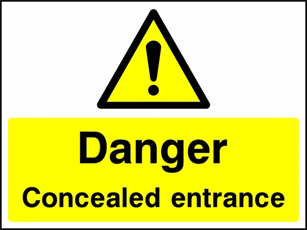 A black exclamation mark inside a yellow warning triangle above black wording on a yellow panel with Danger — Concealed entrance wording. CONS0102 artwork.