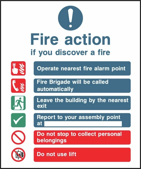 Fire action — If you discover a fire printed notice with the original action instructions and layout. Artwork FACT0001.