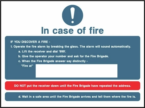 In case of fire printed notice with the original action instructions and layout. Artwork FACT0019.