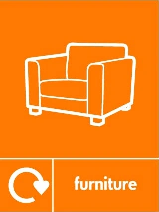 Furniture collection-point artwork with a white recycling arrow, item illustration and wording on orange. OTHE0035.