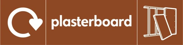 Plasterboard recycling sign showing recycling arrow and material illustration with white wording on brown. Artwork BUIL0016.