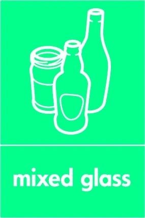 Mixed glass recycling sign showing glass illustration and wording on a bright green portrait panel. Artwork GLAS0038.