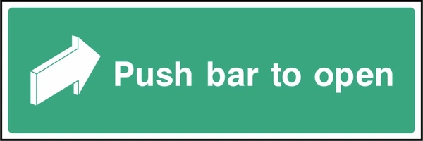 Green and white Push bar to open sign showing a push arrow. Artwork EMER0039.