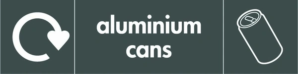 Aluminium cans recycling sign showing white recycling arrow, material illustration and wording on a dark grey letterbox panel. Artwork META0023.
